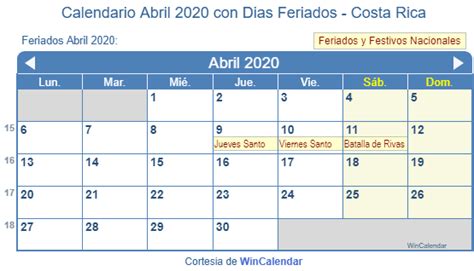 Calendario Abril 2020 Para Imprimir Costa Rica