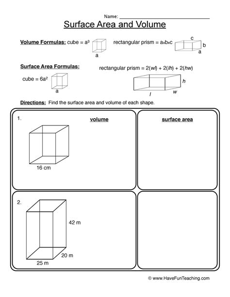 Volume And Surface Area Of Rectangular Prism Worksheet