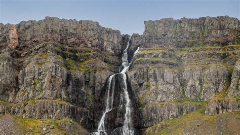 Download Wallpaper 2048x1152 Waterfall Rock Cliff Relief Landscape