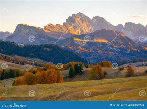 Amazing Autumn Scenery Of Alpe Di Siusi At Sunrise Dolomite Alps