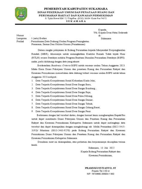 Surat Permintaan Data Ke Kelurahan Dan Desa Kabupaten Sukamara Pdf