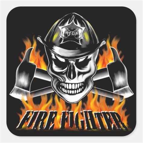 Firefighter Skull 4 And Flaming Axes Square Sticker Zazzle
