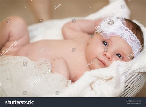 Cute Newborn Baby Girl Sleeping Basket Stock Photo