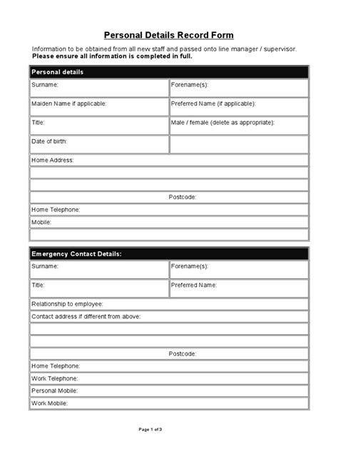 Sample Personal Details Record Form