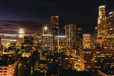Downtown Los Angeles Skyline At Night Editorial Photography Image Of