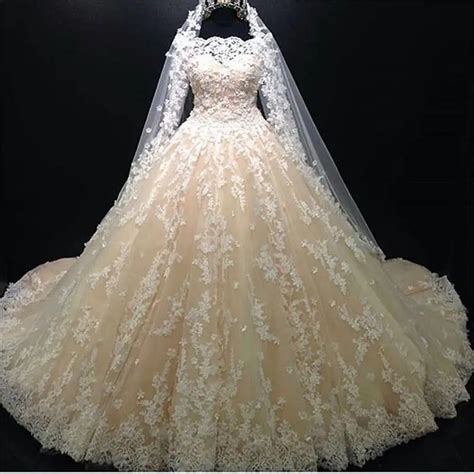 luxury ball gown champagne wedding dresses 2017 long sleeve lace appliques beads flowers bridal