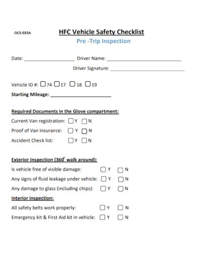 Free 10 Vehicle Safety Checklist Samples Driver Inspection Company