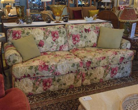 Having all the furniture backs touching the walls is one of the biggest mistakes people make in the living room. Rowe Floral Sofa | New England Home Furniture Consignment