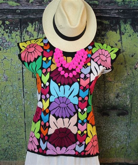 multi color hand embroidered floral huipil jalapa oaxaca mexican fiesta cowgirl handmade
