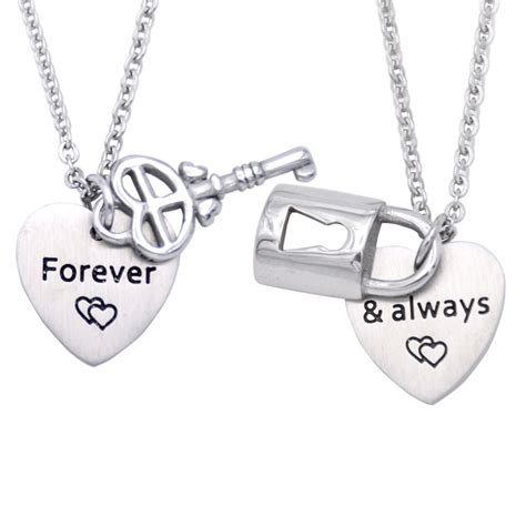 Couples Necklace Lock Key Heart Pendant Always Forever For Boyfriend