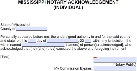 Free Mississippi Notary Acknowledgement Individual Pdf Word