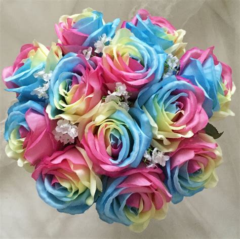 Mix Silk Rainbow Roses Artificial Flowers Wedding Bouquet