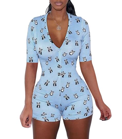 Women V Neck Onesie Pajama Short Sleeve Bodycon Bodysuit Soft Romper Sleepwear Pajamas Buy New