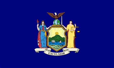 The flag has a deep blue background. WELCOME TO USA 4 KIDS - New York Flag History