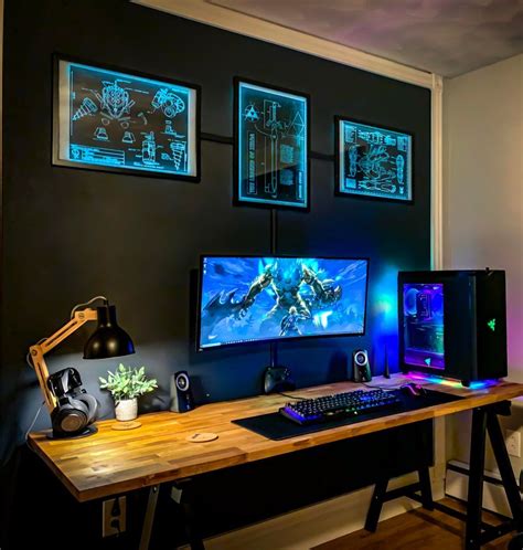Rgb Gaming Setup And Wood Desk Home Office Setup Video Game Rooms