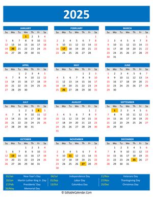 You can choose from dozens of different printable yearly 2025 calendar templates and print with the 2025 annual calendar has been created in 4 different templates for you. 2025 Printable Calendar with Holidays (Portrait Orientation)