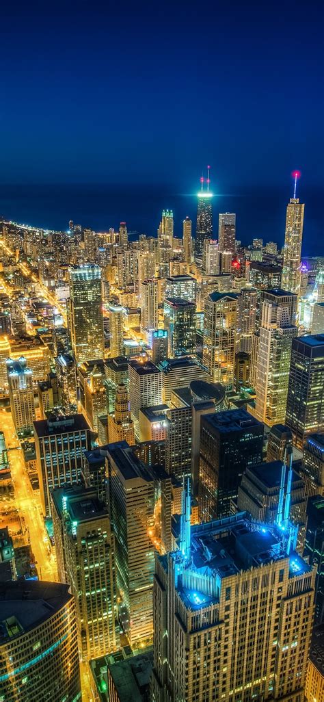 芝加哥，夜晚的城市，頂視圖，摩天大樓，燈光，大海，美國 1125x2436 Iphone 11 Proxsx 桌布，背景，圖片，照片