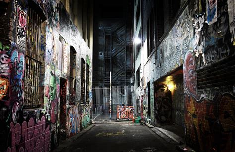 Dark Melbourne Alleyway Filled With Graffiti Stock Photo Download