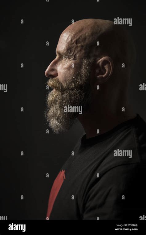 A Bearded Man With A Bald Head Side View And Dark Background Stock