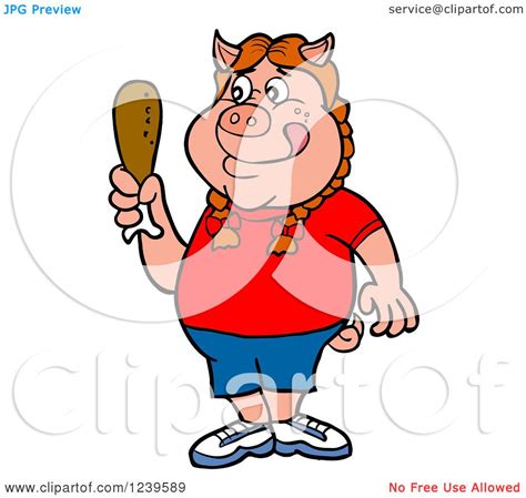 Clipart Of A Hungry Girl Pig Holding A Chicken Drumstick