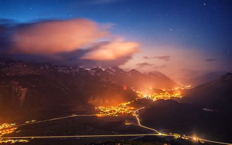 nature, Landscape, Starry Night, Lights, Mountain, Cityscape, Road, St 