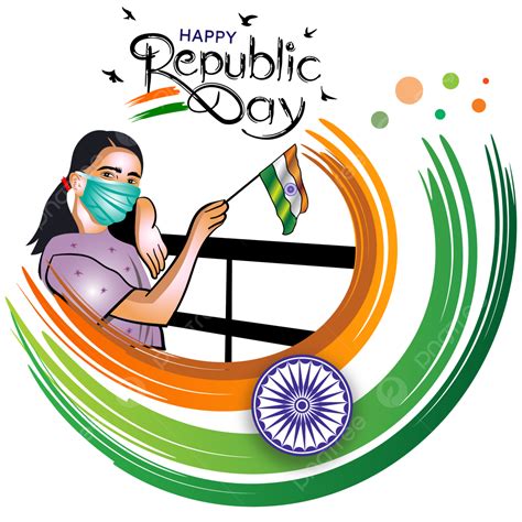 Happy Indian Republic Day Greetings With Girl Wear Mask And Holding