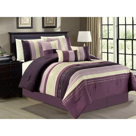 7 Pc Pleated Stripe Dotted Lines Embroidery Comforter Set Purple
