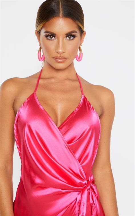 Hot Pink Satin Halterneck Wrap Bodycon Dress Bodycon Dress Silk Satin Dress Shiny Clothes