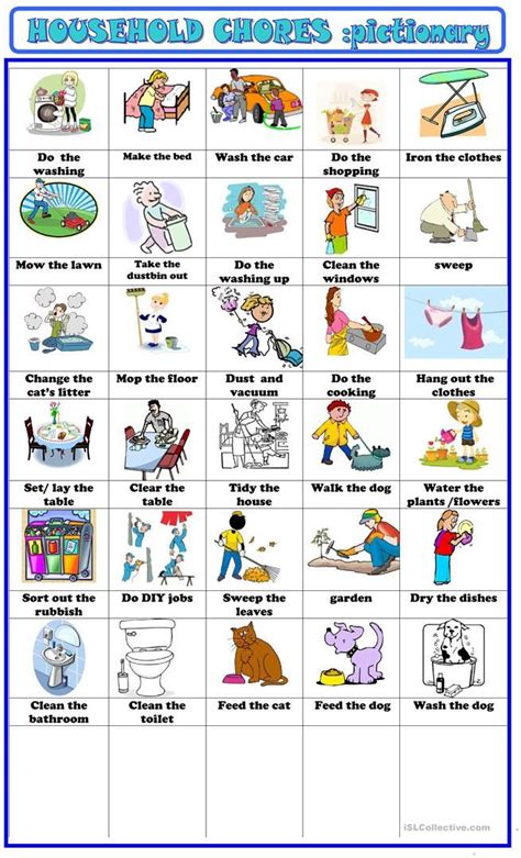 household chores pictionary english esl worksheets for distance learning and physical