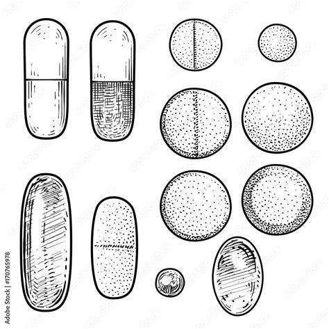 Pill Illustration Drawing Engraving Ink Line Art Vector Stock