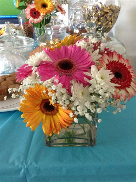 Dollar Tree Square Vase With Fresh Flowers To Decorate A Candy Buffet