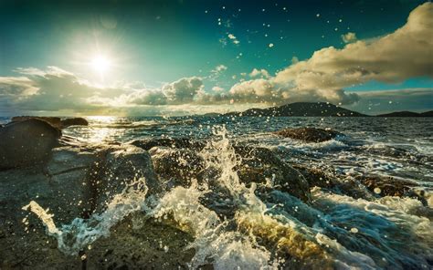 Tapety światło Słoneczne Krajobraz Morze Woda Skała Natura