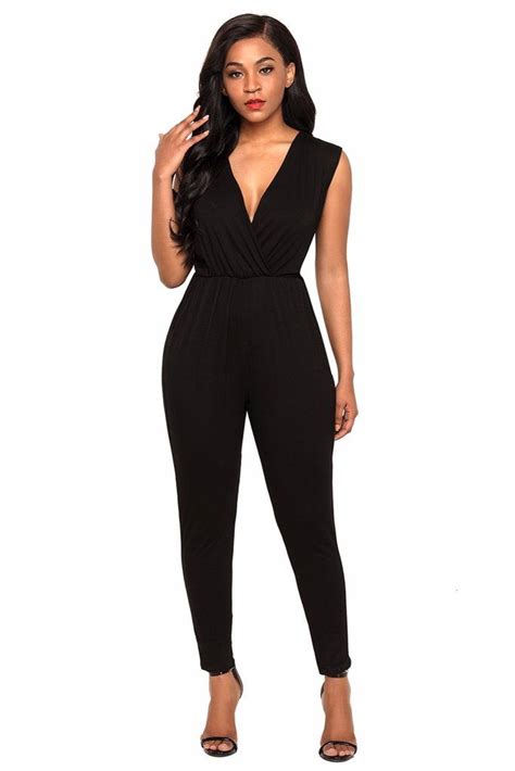 Black Deep V Neck Sleeveless Jumpsuit With Images Womens Jumpsuits Casual Sleeveless