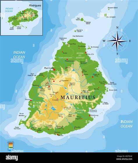 Highly Detailed Physical Map Of Mauritius Islands In Vector Formatwith