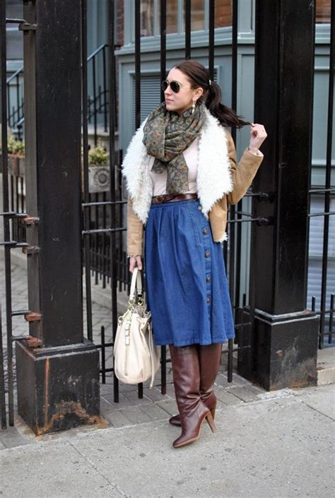Shearling Long Denim Skirt And Boots Skirts With Boots Midi Skirt
