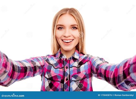Happy Cheerful Young Blonde Woman Making Selfie Stock Photo Image Of