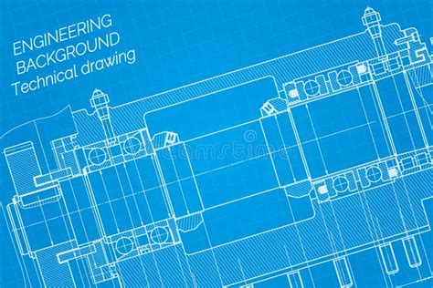 Mechanical Engineering Drawings On Blue Background Milling Machine