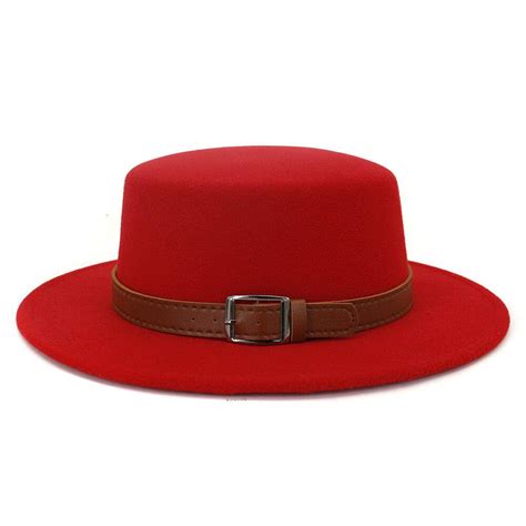 Buy Wool Boater Flat Top Hat For Women Felt Wide Brim Fedora Hats Belt Buckle Elegant Lady Men