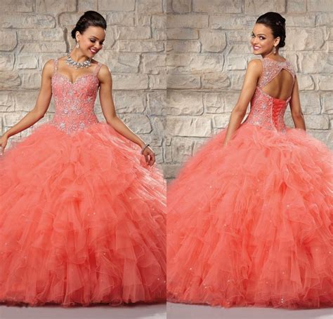 New Arrival Quinceanera Dress Sweet Dresses Coral Ball Gown Ruffled Gowns Spaghetti