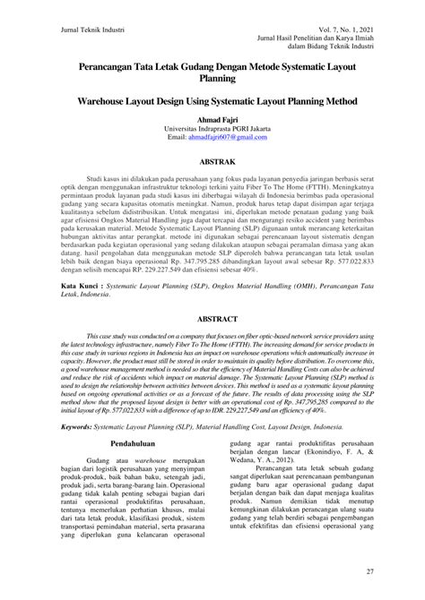 Pdf Perancangan Rrelokasi Tata Letak Gudang Dengan Metode Systematic