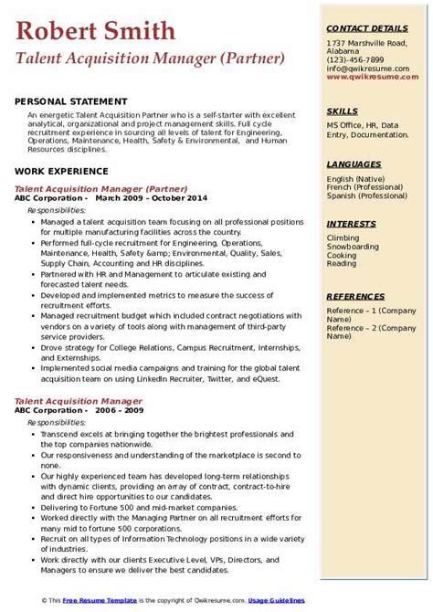 Talent Acquisition Manager Resume Samples Qwikresume