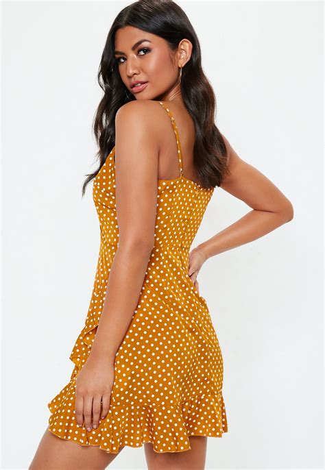 Mustard Yellow Polka Dot Ruffle Cami Tea Dress Missguided