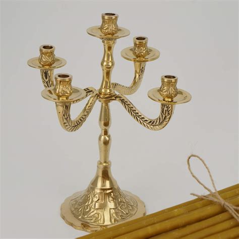Set Of Five Candle Brass Candelabra And 100 Beeswax Candles Blessedmart