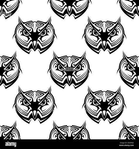 Black And White Seamless Repeat Pattern Of The Heads Of Wise Old Horned