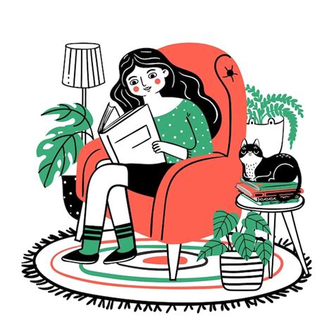 Premium Vector Woman Reads In Chair Happy Relaxed Girl Reading Book In Cozy Armchair At Home