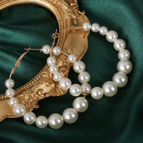 Women Elegant White Pearls Round Hoop Earrings Girl Birthday Party Big Pearl Circle Round