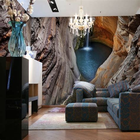 Customized 3d Stereoscopic Cave Waterfall Non Woven Mural Wall Paper