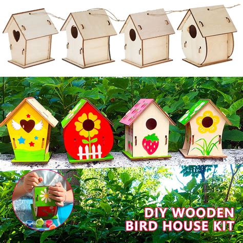 Hotbest 4 Sets Paint Your Own Wooden Bird House Kit Small Garden