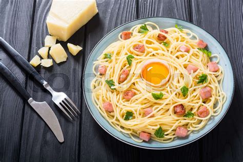 Itslian Pasta Carbonara With Sausage And Egg Stock Image Colourbox
