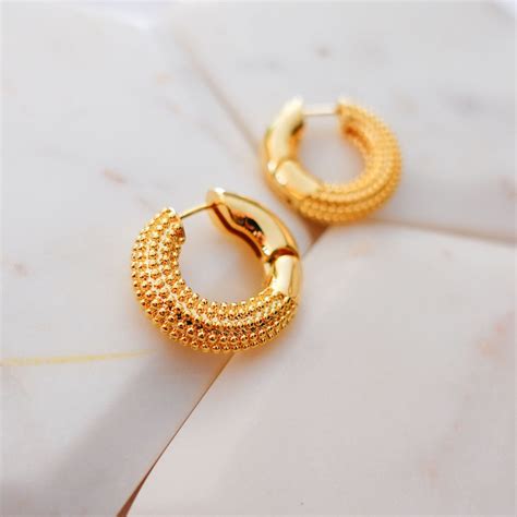 Thick Chunky Gold Hoop Earrings Bead Dot Textured Hoops Etsy